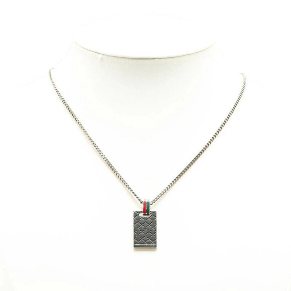 GUCCI Logo Diamante Shima Plate Necklace 21" Silver 925 Auth #04829 - Picture 1 of 12
